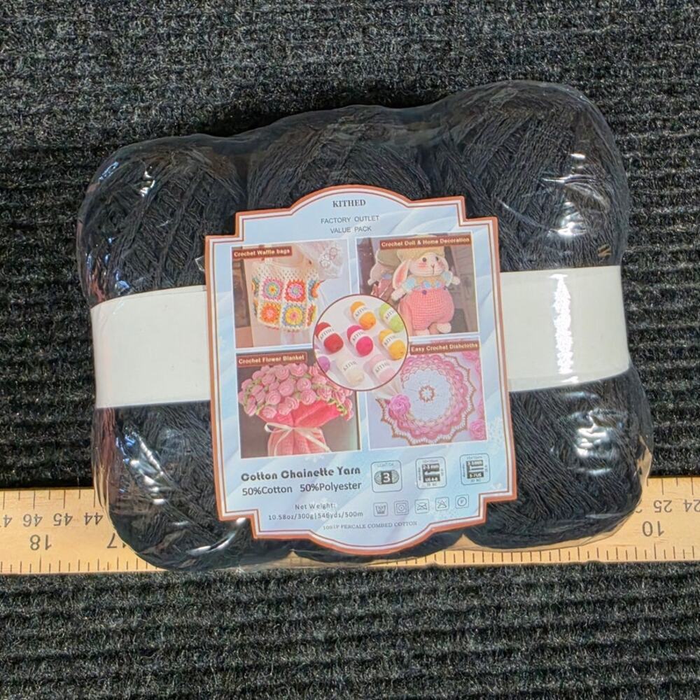 KITHED Cotton Chainette Yarn 300g 546yd Black 3 Pack